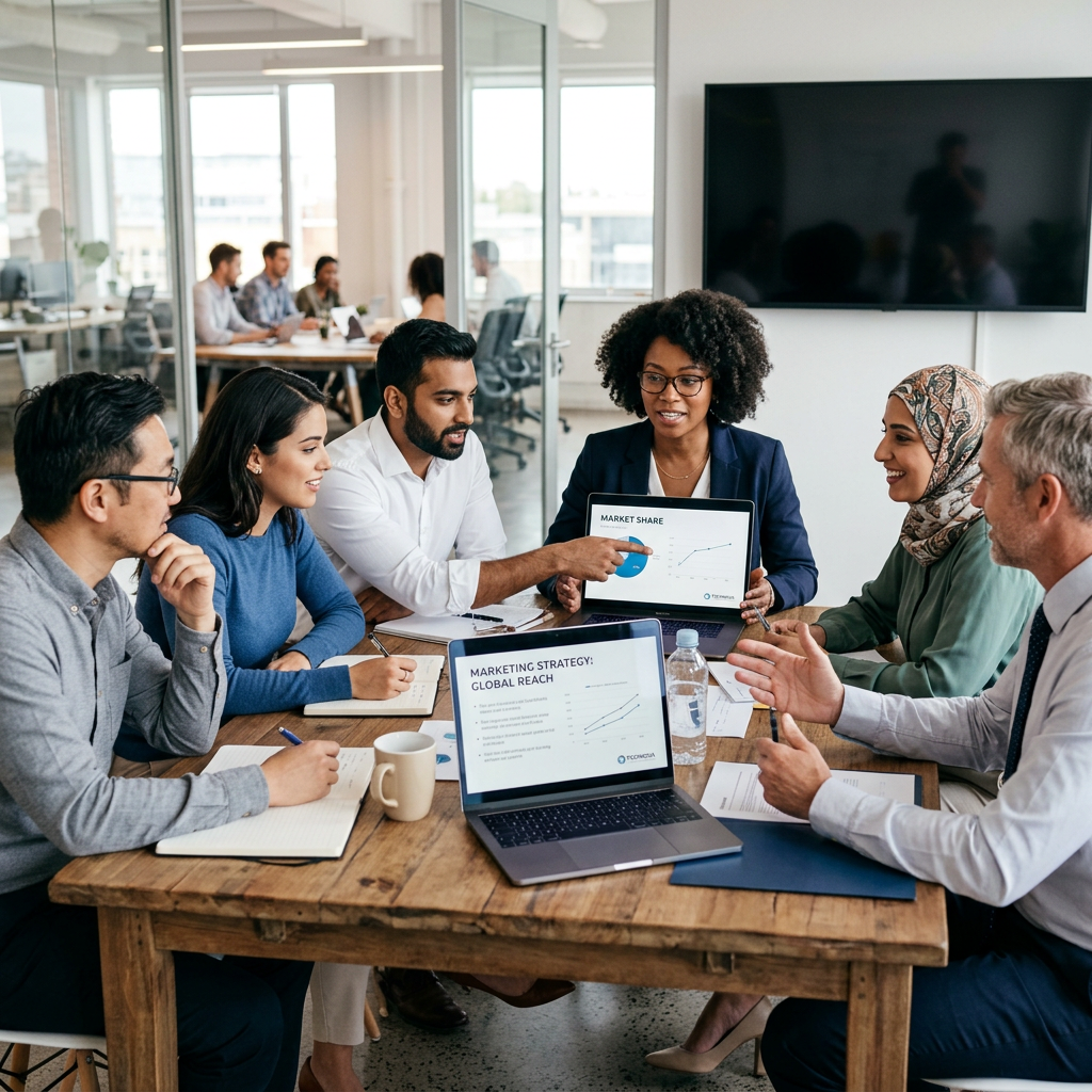 A group of six professionals discussing marketing charts and strategies around a wooden table